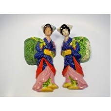 Vintage Pair of Japanese Women Carrying Baskets Wall Pockets   332404899805